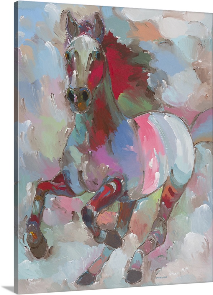 Colorful contemporary painting of a galloping horse.
