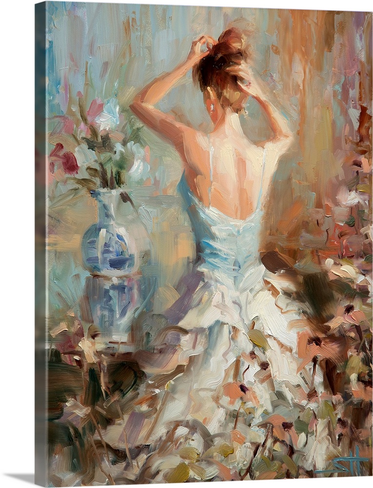 A contemporary piece of artwork of the back side of a woman in a white dress who is putting up her hair. Flowers are paint...