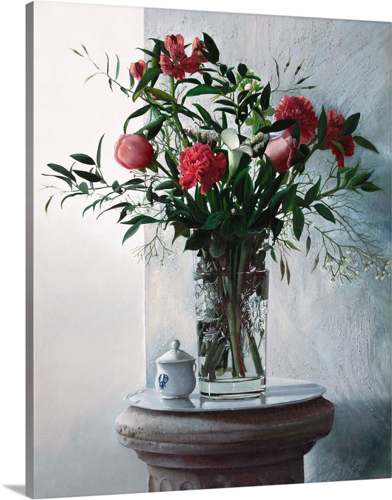 Contemporary still life painting of a tall vase holding irises, carnations, and gerberas.