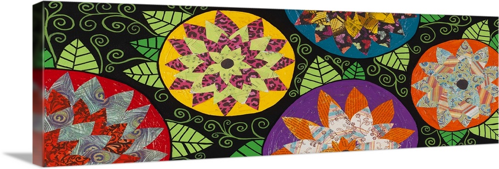 Painting of five round flowers with colorful patterns and triangular leaves.