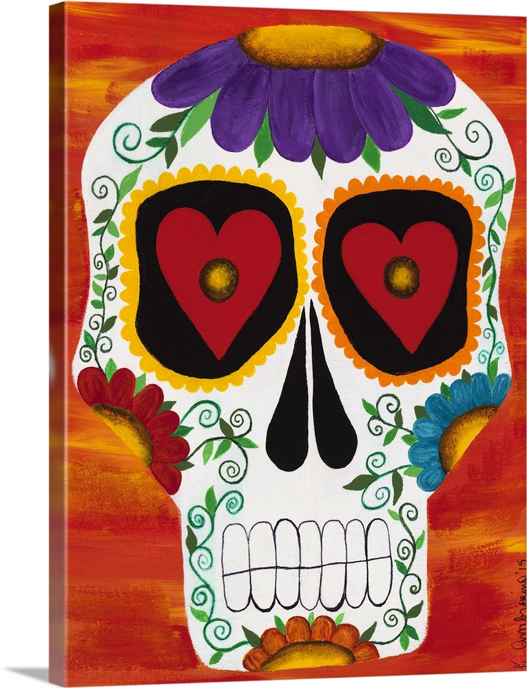Painting of a decorative sugar skull, celebrating the Day of the Dead.