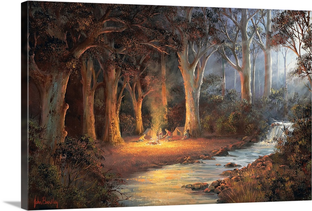 Contemporary painting of people camping in a forest at night.