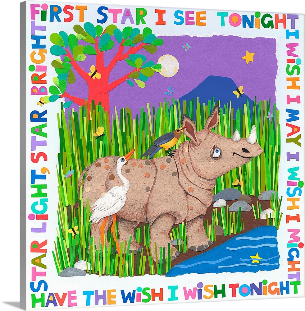A rhinoceros and a stork looking at the stars with a nursery rhyme around the border.