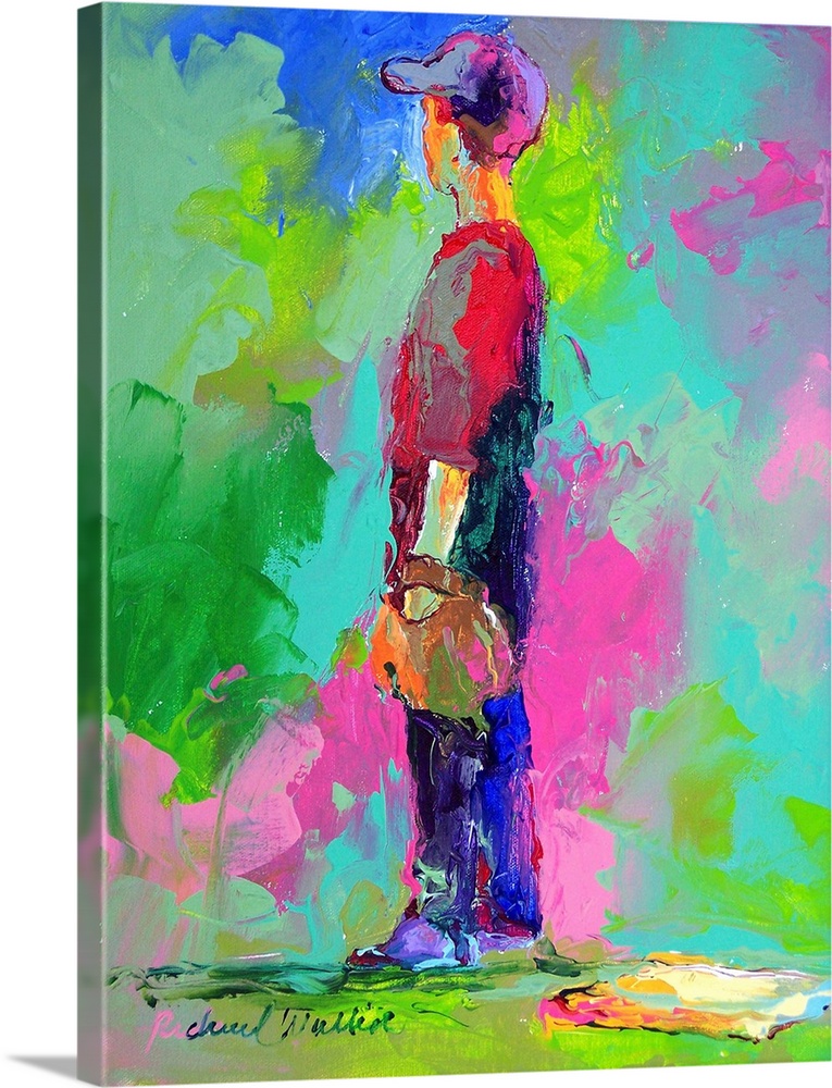 Contemporary vibrant colorful painting of a boy waiting at first base.
