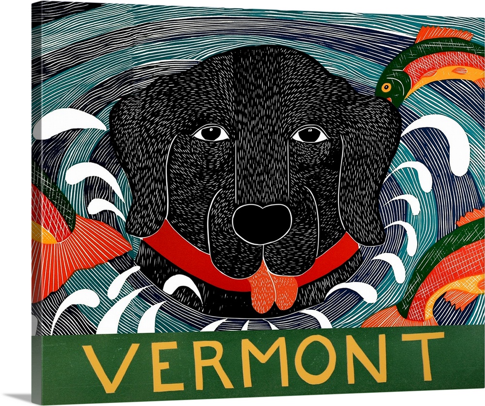 Illustration of a black lab with its head popping out of the water and colorful fish jumping around it with the state "Ver...