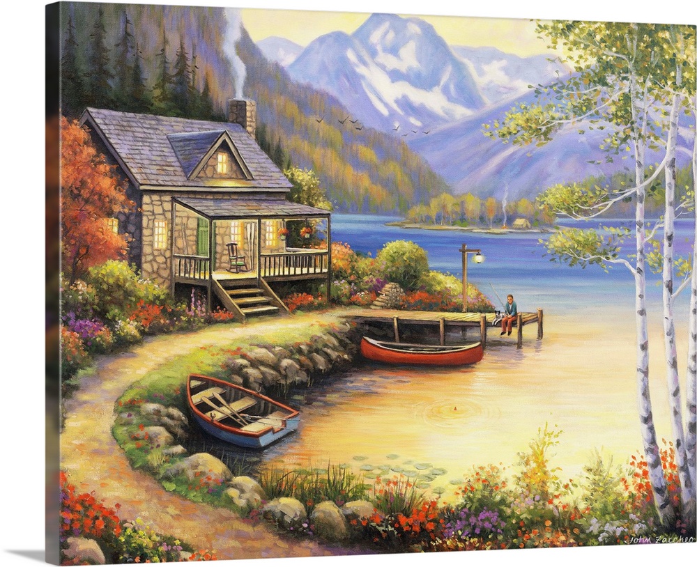 Fishing at The Lake | Large Solid-Faced Canvas Wall Art Print | Great Big Canvas