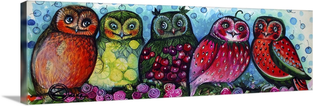 Contemporary painting of five owls painted with different fruit patterns.