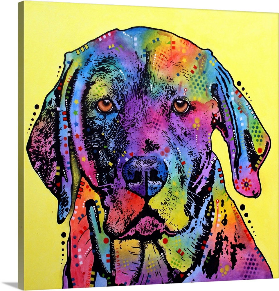 Contemporary stencil painting of a labrador retriever filled with various colors and patterns.