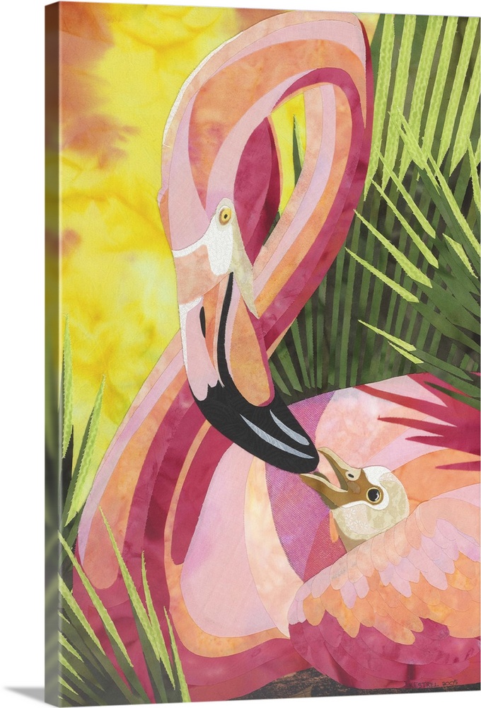 Contemporary colorful fabric art of a vibrant pink flamingo feeding its chick.
