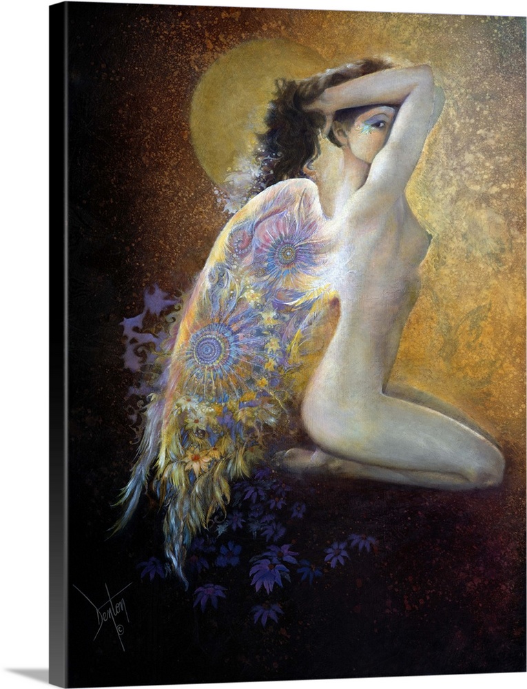 A contemporary painting of a fairy with brightly colored elaborate wings sitting and gazing at the viewer through the clos...
