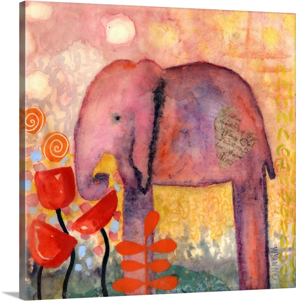A pink elephant overlooking large red flowers.