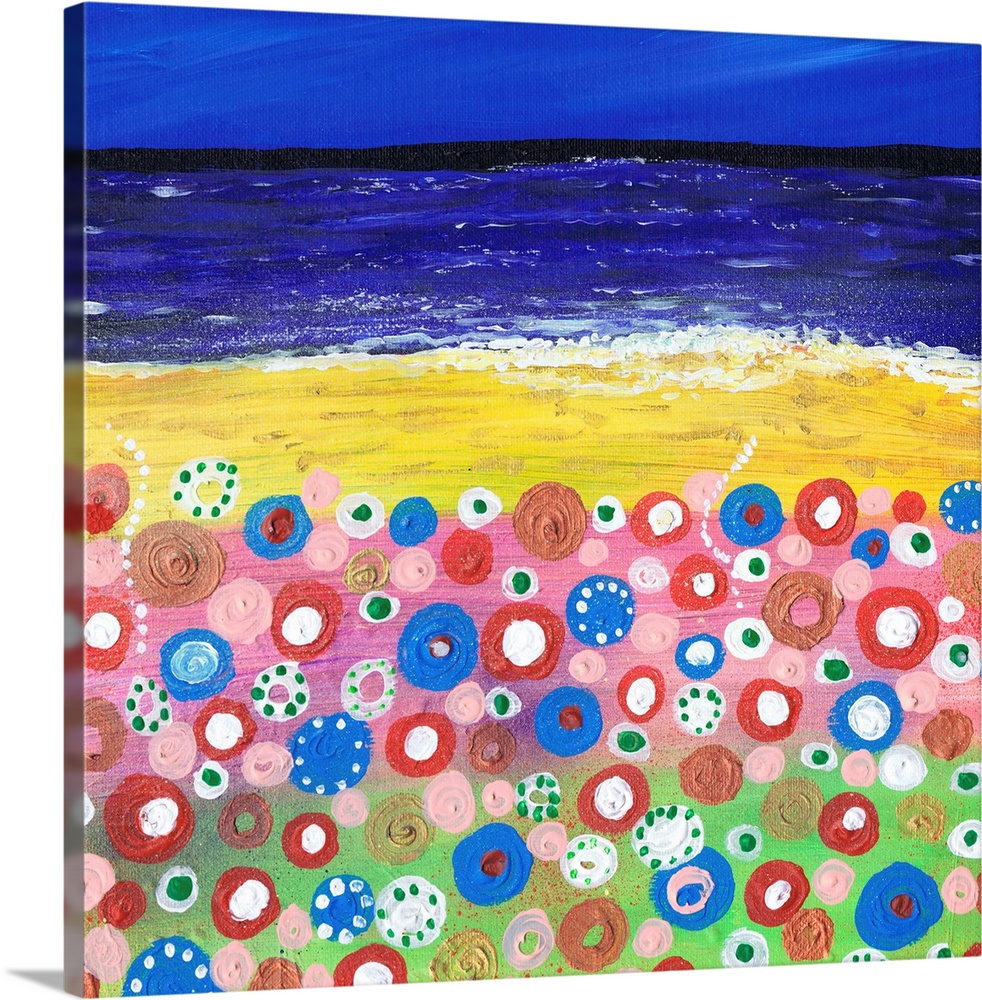A painting of wildflowers on the beach.