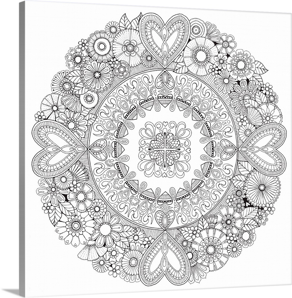 Black and white line art of a circular floral and heart patterned design.