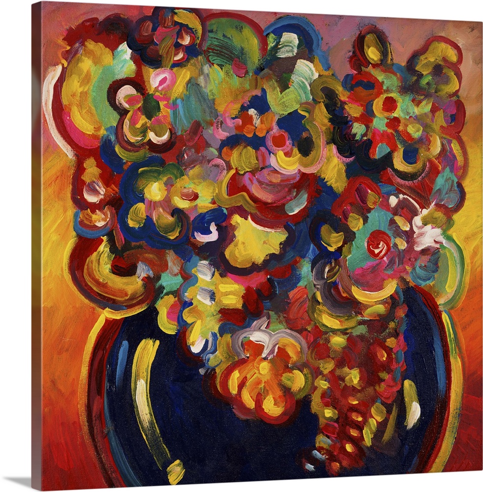 Contemporary painting in vivid rainbow colors of a dark vase full of blooming flowers.