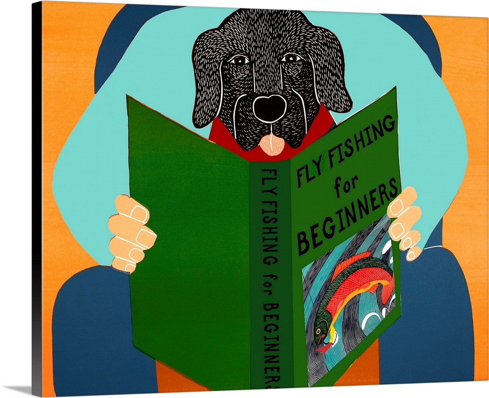 Illustration of a black lab sitting on its owners lap reading a book titled "Fly Fishing For Beginners"