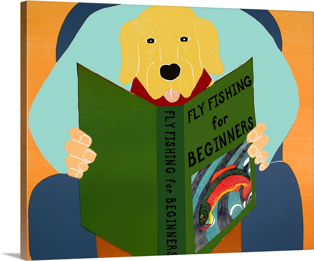 Illustration of a yellow lab sitting on its owners lap reading a book titled "Fly Fishing For Beginners"
