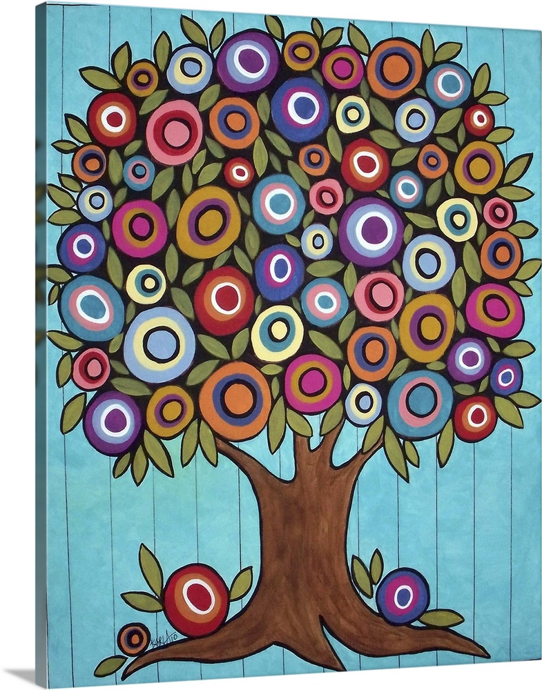 Contemporary painting of a tree with multi-colored round flowers.