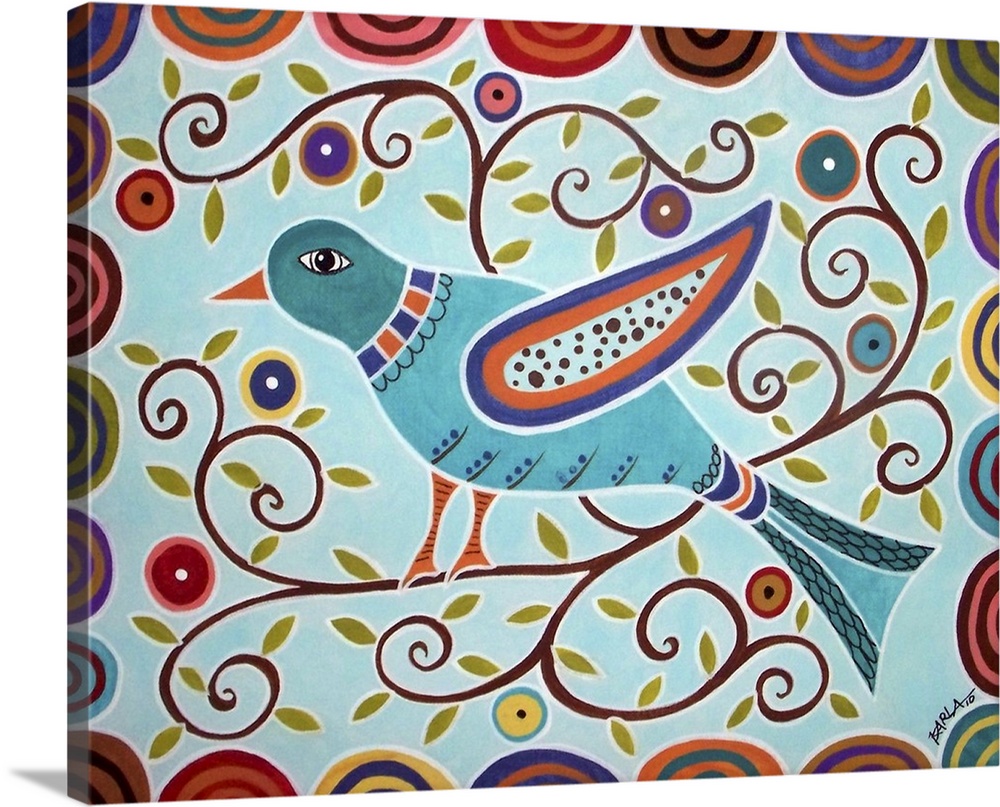 Contemporary folk art painting of a bird perched on a curly branch.