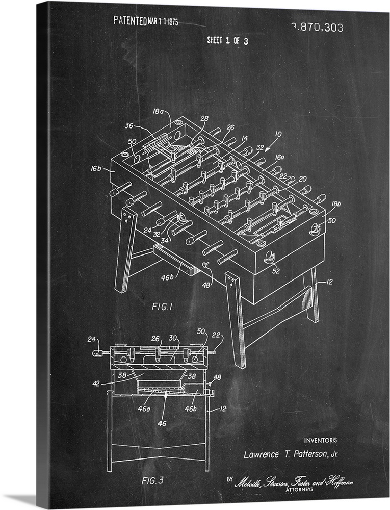 Black and white diagram showing the parts of a foosball table.