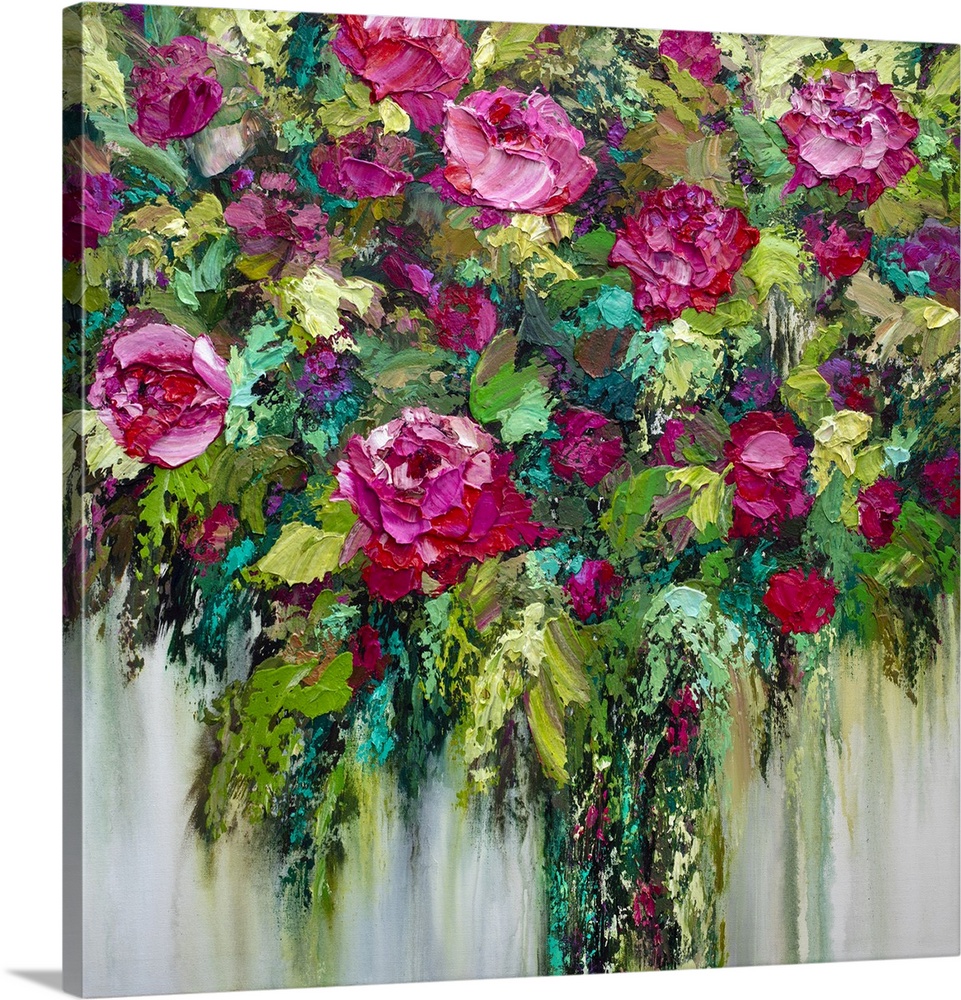 Colorful acrylic floral bouquet painting of red roses and pink flowers by contemporary artist Melissa McKinnon fine art pr...