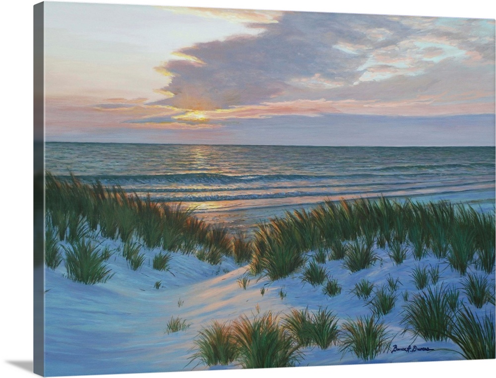 Contemporary painting of the sun setting across the ocean and sand dunes with beach grass.