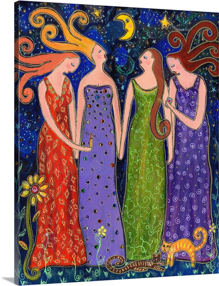 Four women in long dresses standing under the night sky.