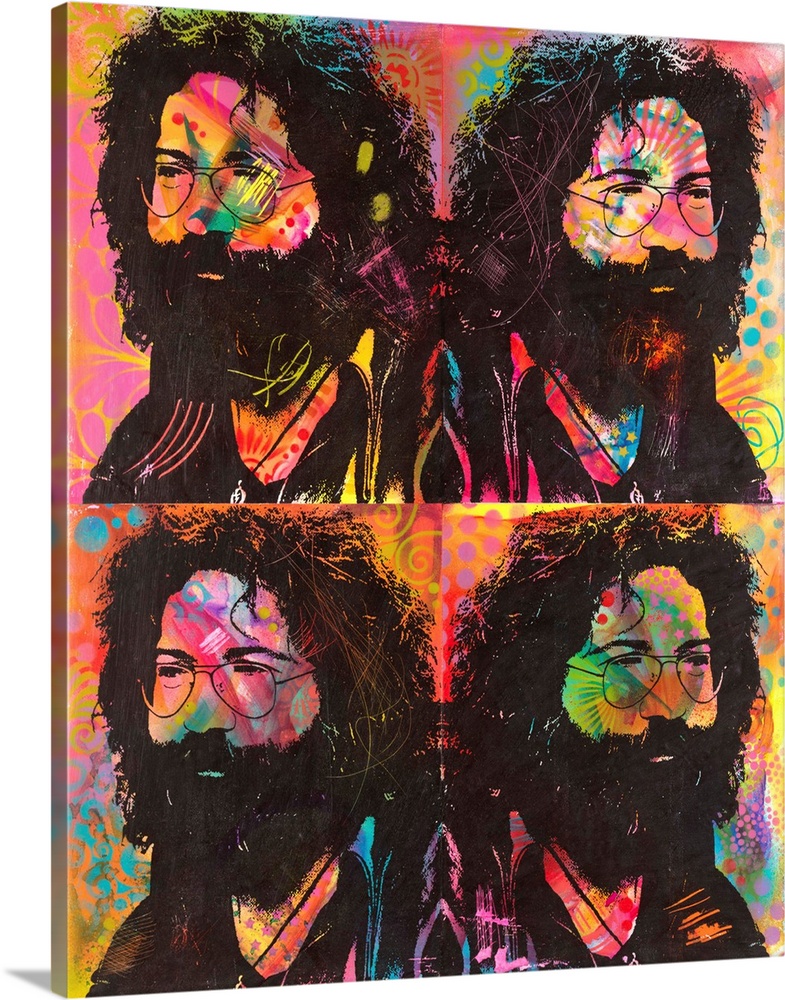 Four square illustrations of Jerry Garcia on a colorful, graffiti-style background.