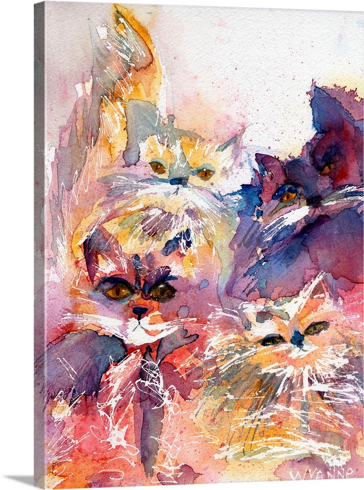 Four watercolor cats in shades of red and yellow.