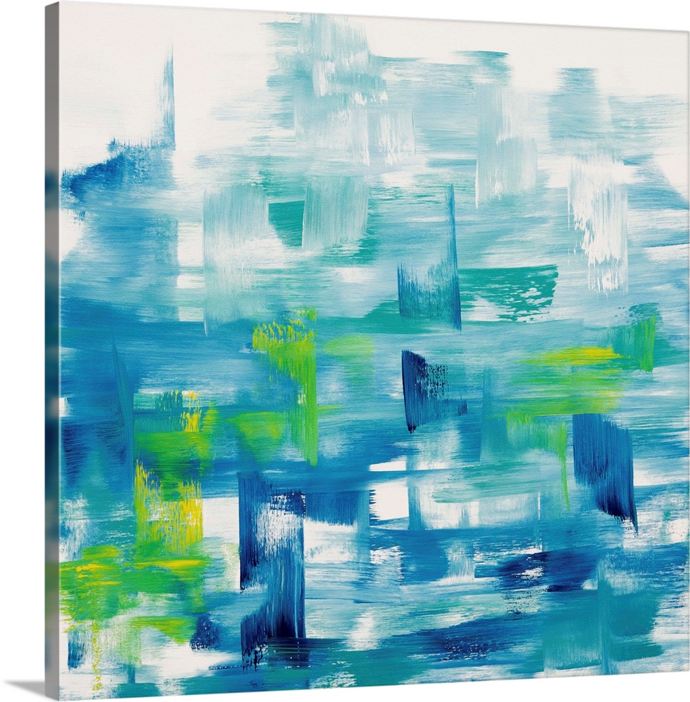 A contemporary abstract painting using vibrant tones of blue and green in horizontal movements against a white surface.