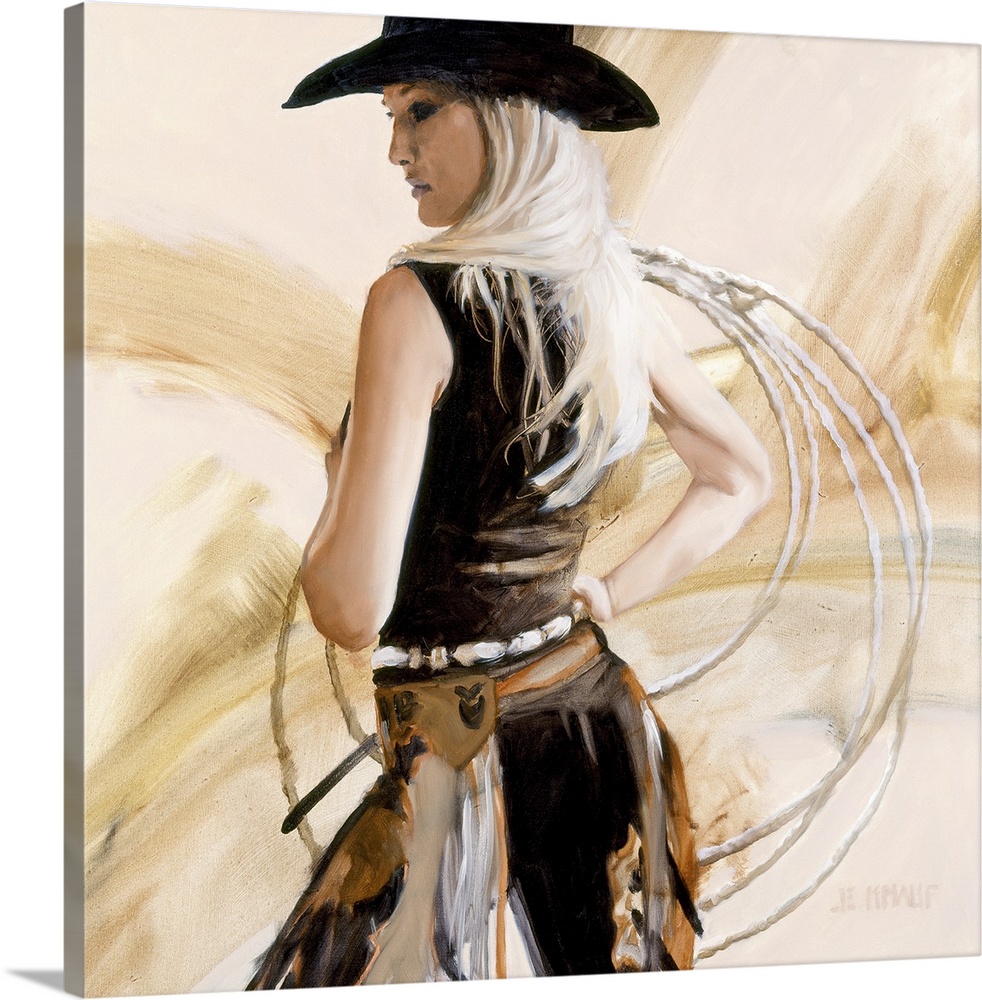 Contemporary western theme painting of a cowgirl in black holding a lasso up.