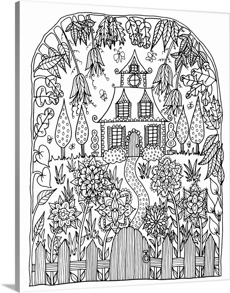 Line art of a house with a large garden, surrounded by flowers.