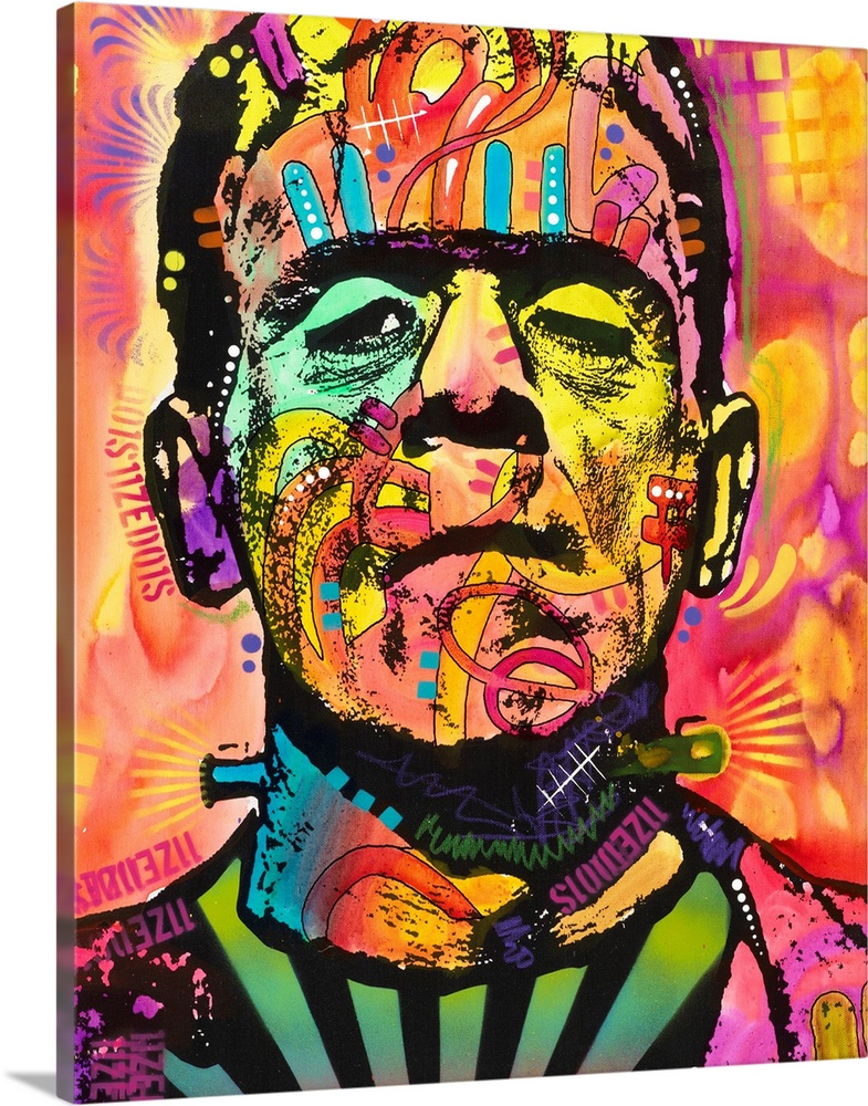 Graffiti style illustration of Frankenstein with different colors and abstract markings all over.