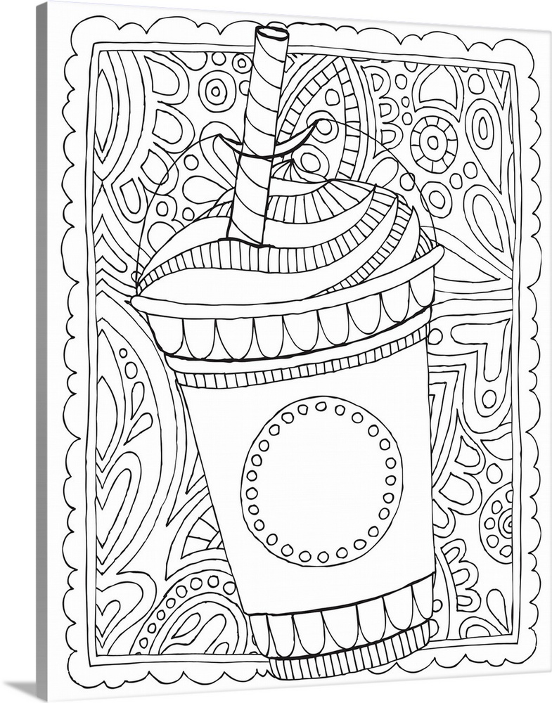 Black and white line art of a frappuccino with a striped straw on an intricately designed background.