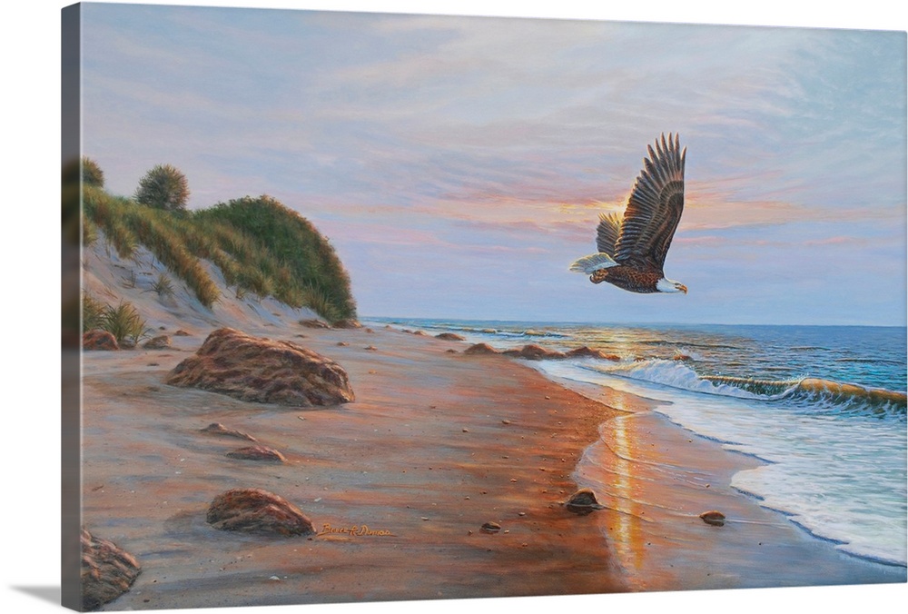 Contemporary artwork of an Eagle in flight over a beach at sunset