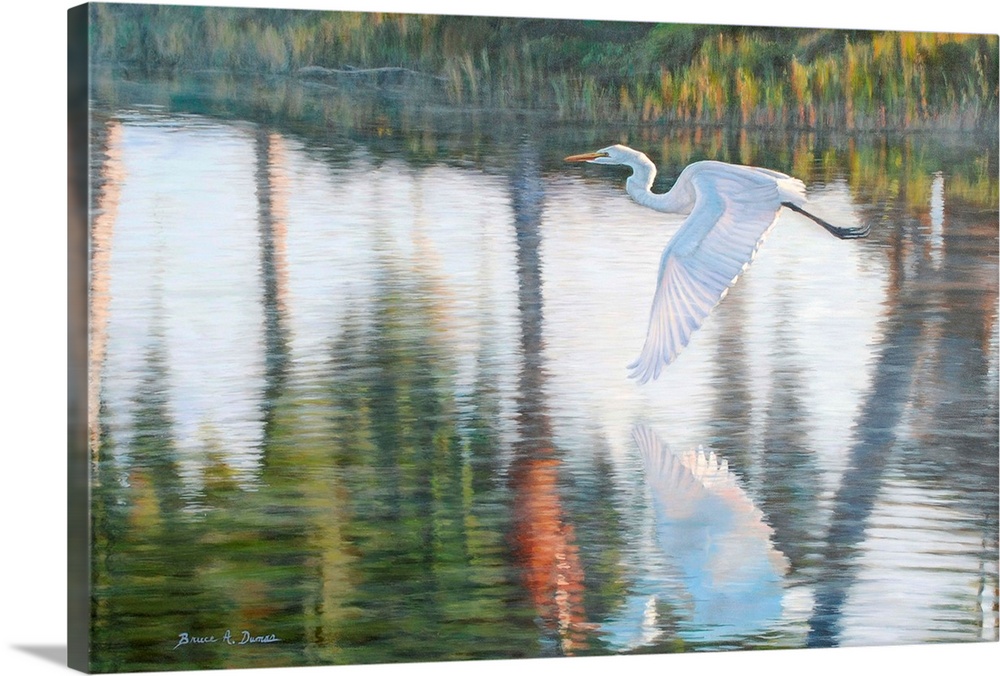 Contemporary artwork of a white Egret in flight