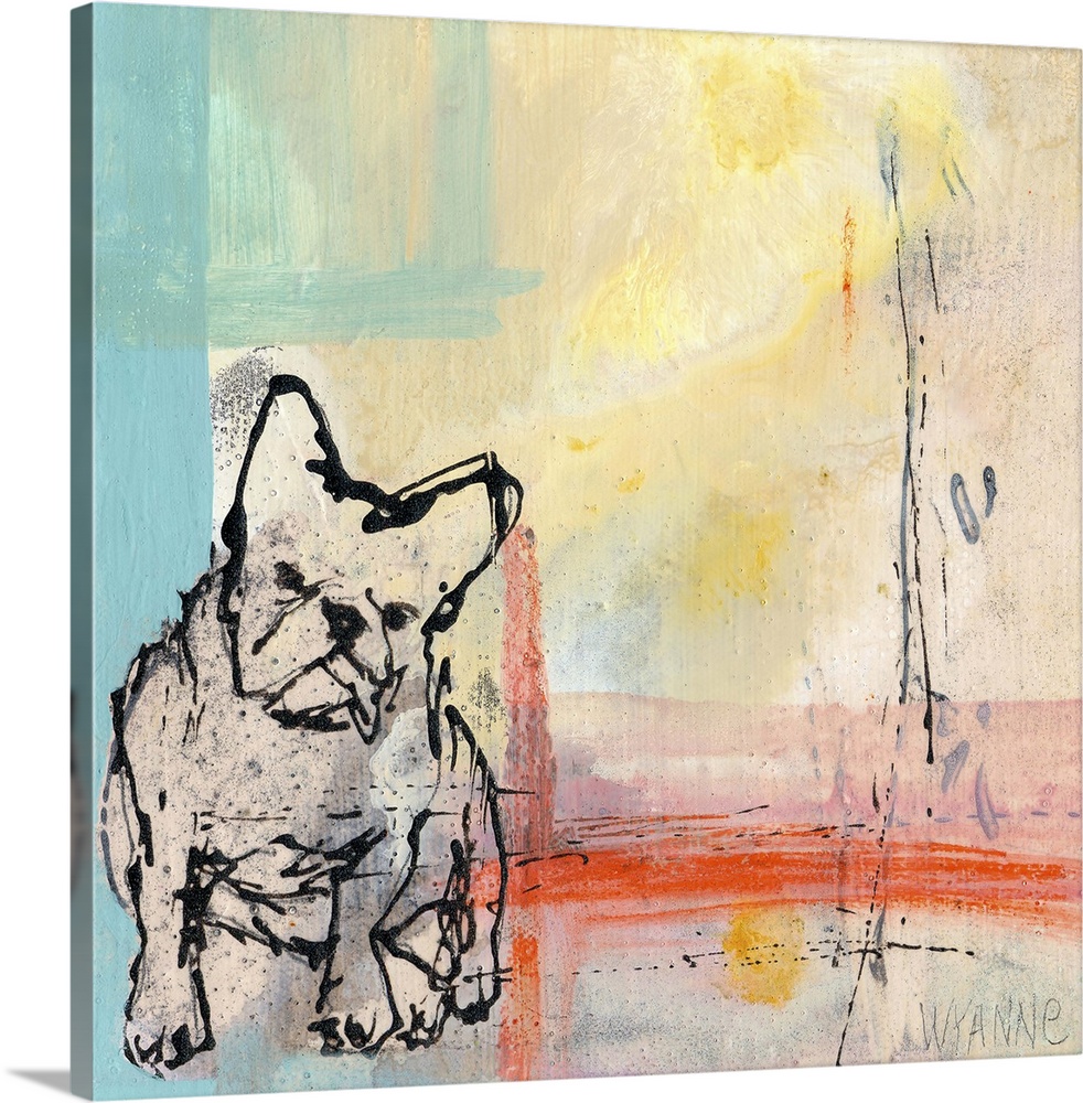 A French Bulldog on an abstract pastel background.