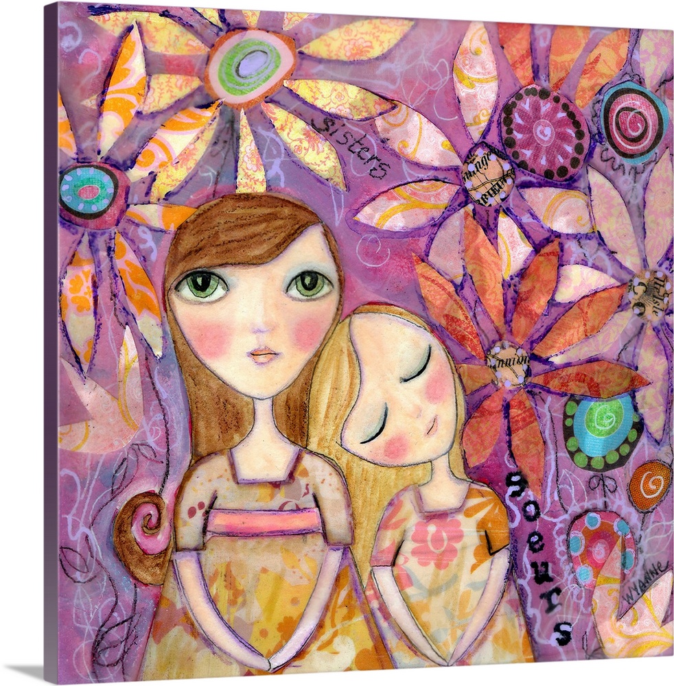 Painting of two girls sitting together under giant flowers.