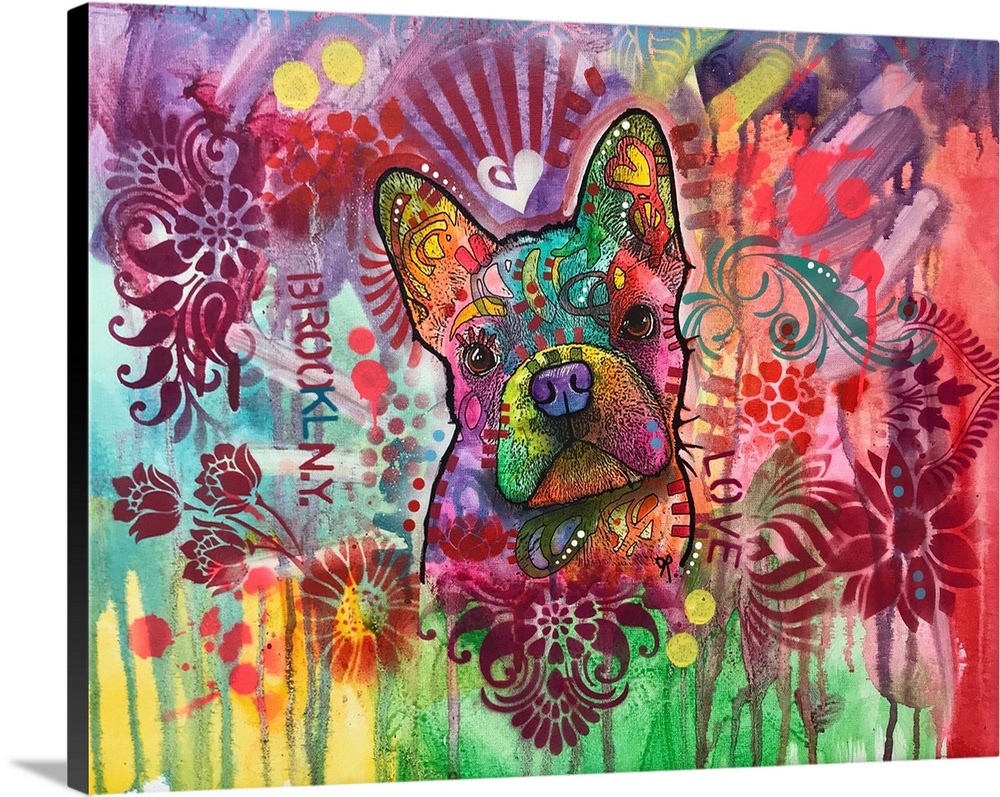 Contemporary stencil painting of a french bulldog filled with various colors and patterns.
