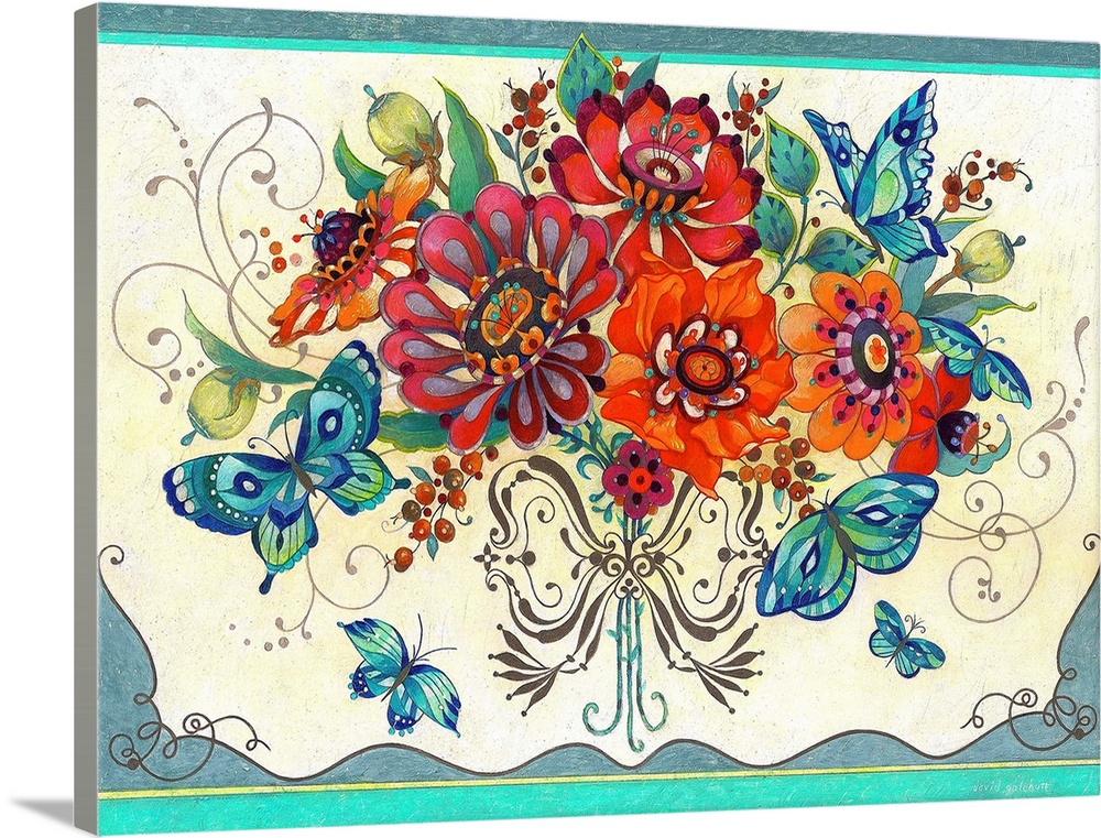 Contemporary artwork of a bouquet of bright and colorful flowers surrounded by butterflies