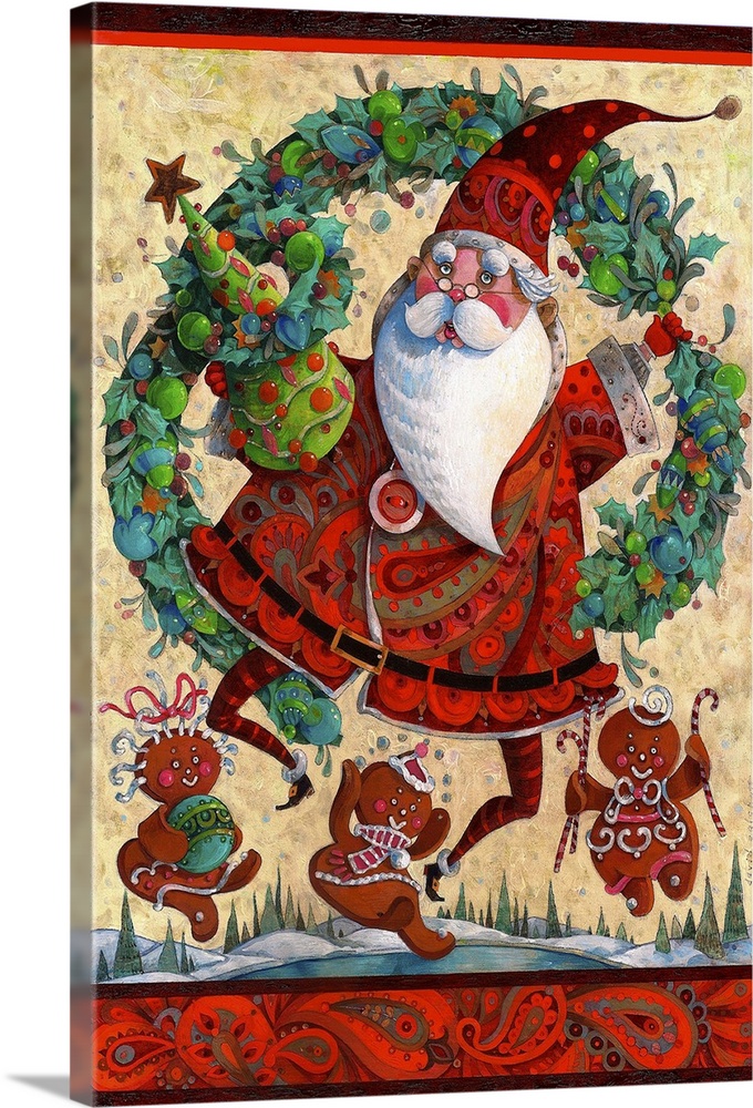 Contemporary artwork of Santa Claus dancing merrily around gingerbread men.