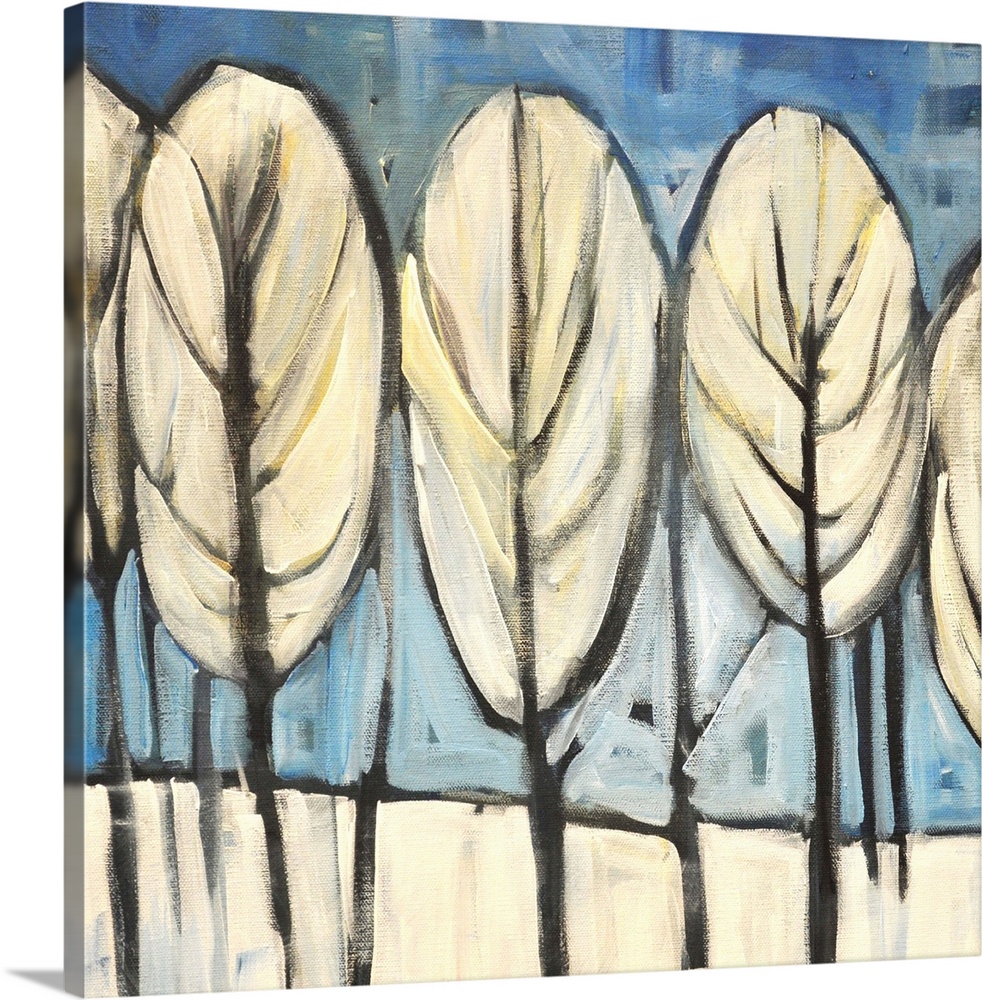 Contemporary painting of a grove of white trees.