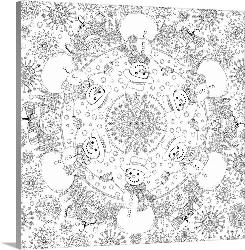 Black and white line art of a Winter themed mandala made out of snowmen, snowflakes, and snow globes.