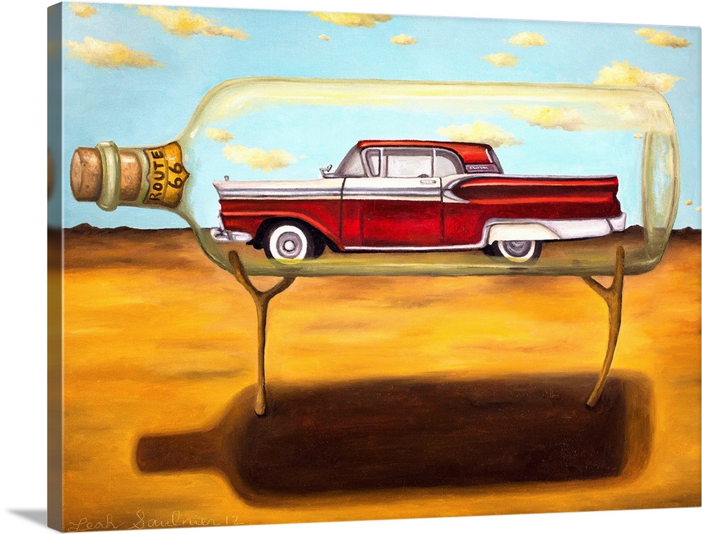Surrealist painting of a vintage car sitting inside of a giant glass bottle in a desert landscape.