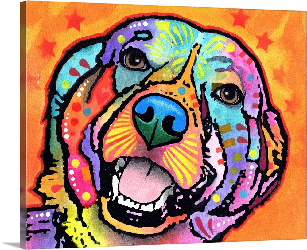 Colorful painting of a happy dog with abstract markings on an orange background with 7 red stars.