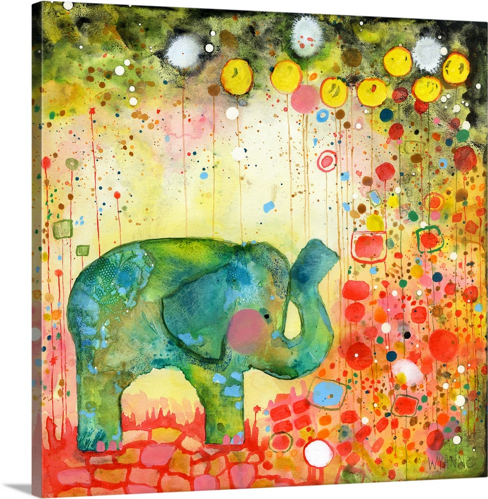 A green watercolor elephant surrounded by colorful flowers.