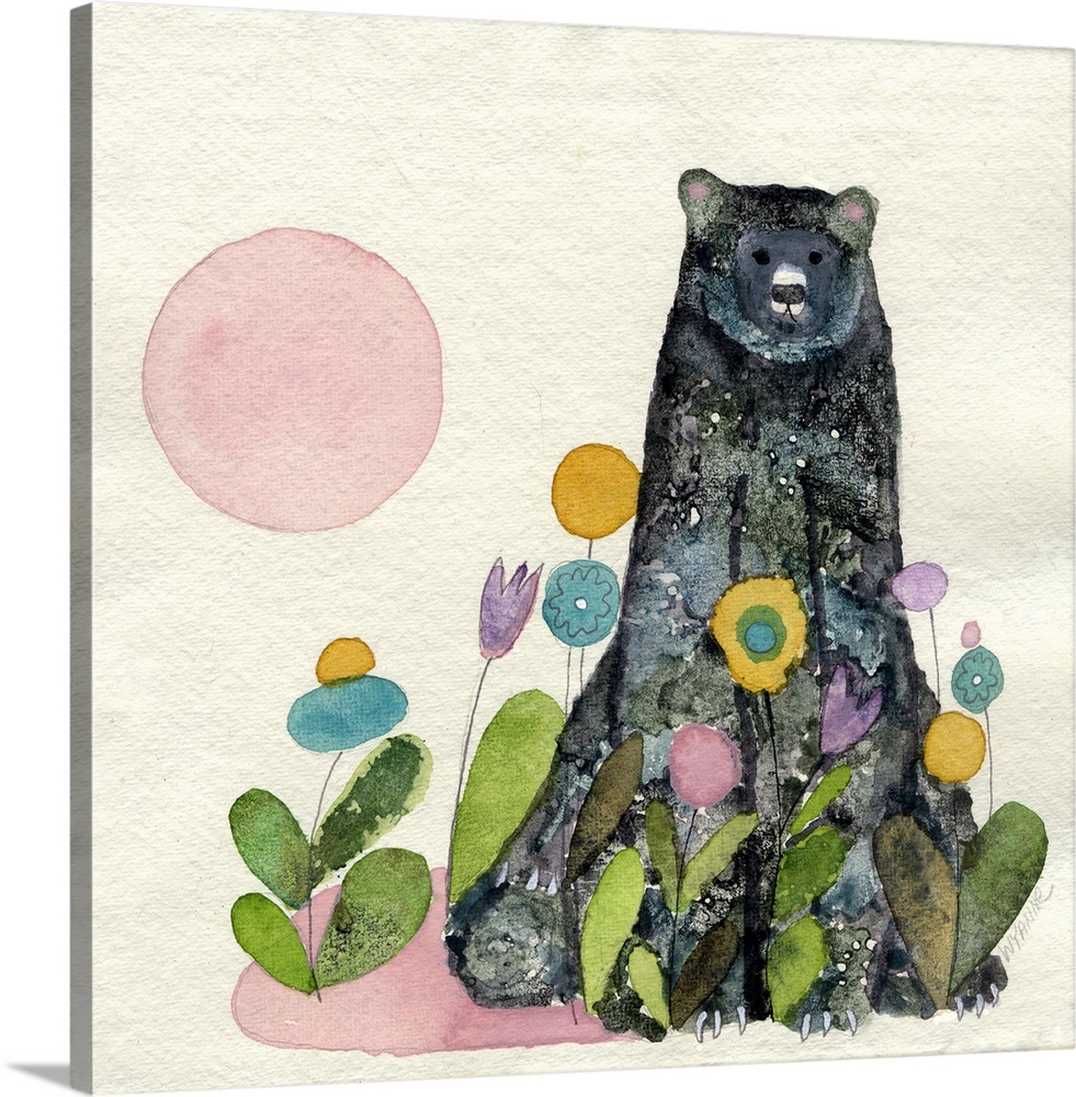 A black bear sitting in flowers with a pink moon.