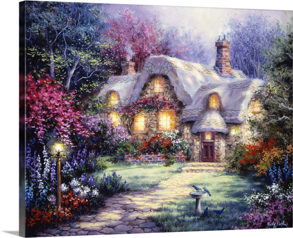Painting of a thatched cottage with glowing windows. Product is a painting reproduction only, and does not contain actual ...