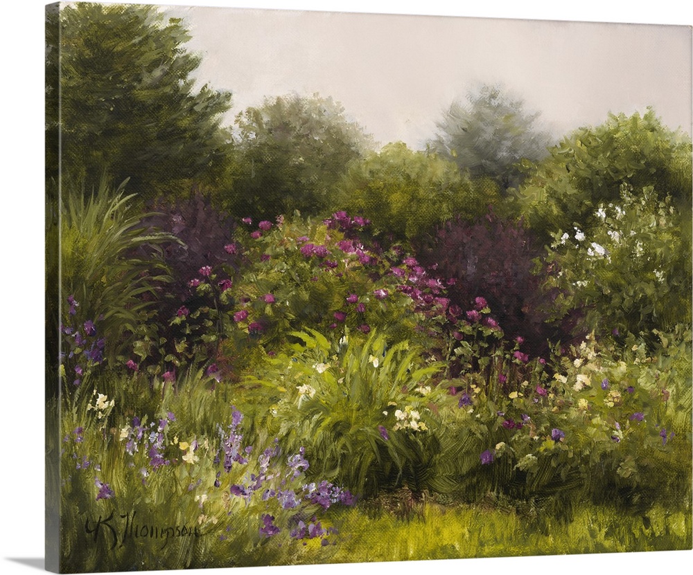 Contemporary painting of an idyllic countryside scene with blossoming flowers.
