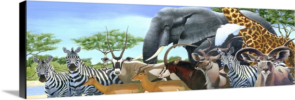 Contemporary painting of a gathering of African animals at a watering hole.
