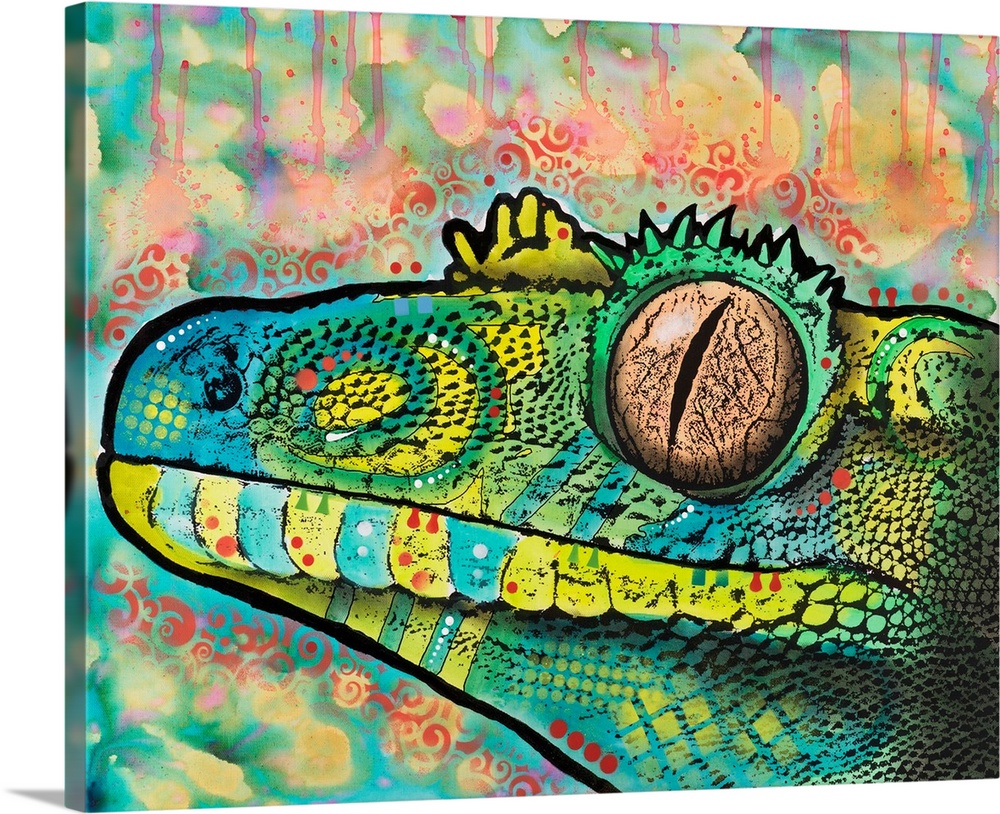 Blue, yellow, and green painting of a gecko with abstract designs on a background with similar colors and red resigns and ...
